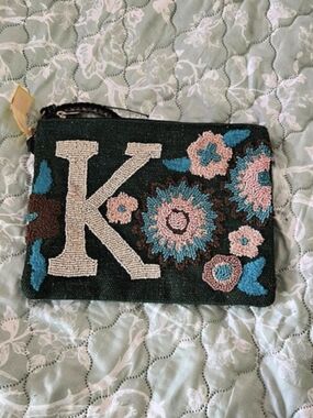 AMERICA & BEYOND Beaded and Tufted Monogram Pouch-K Initial K Initial Floral